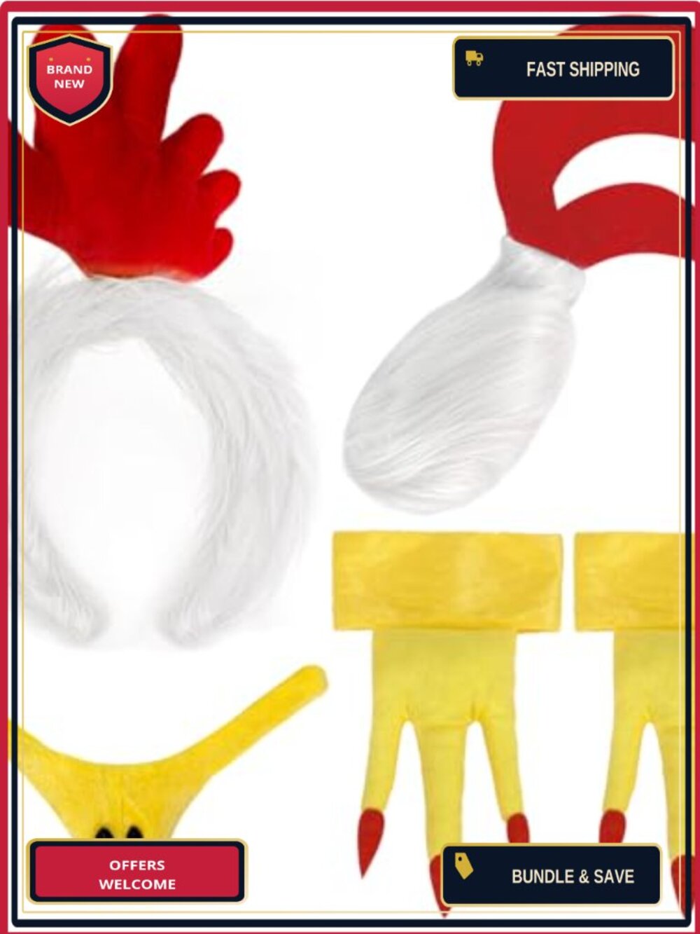 5 Piece Rooster Costume Set Plush Headband Tail Beak Feet Covers Halloween
